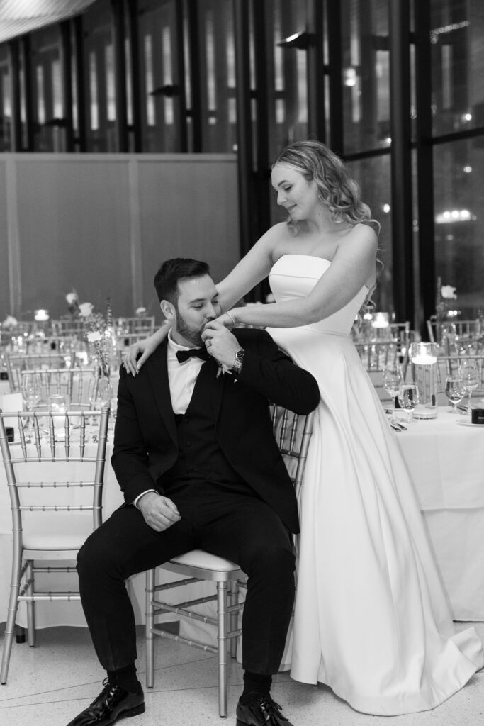 couple in their evening reception space at spencers by the waterfront