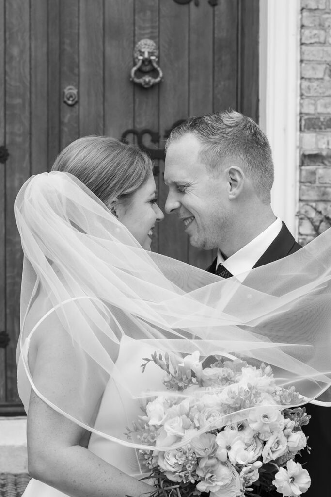black and white close of up bride and groom