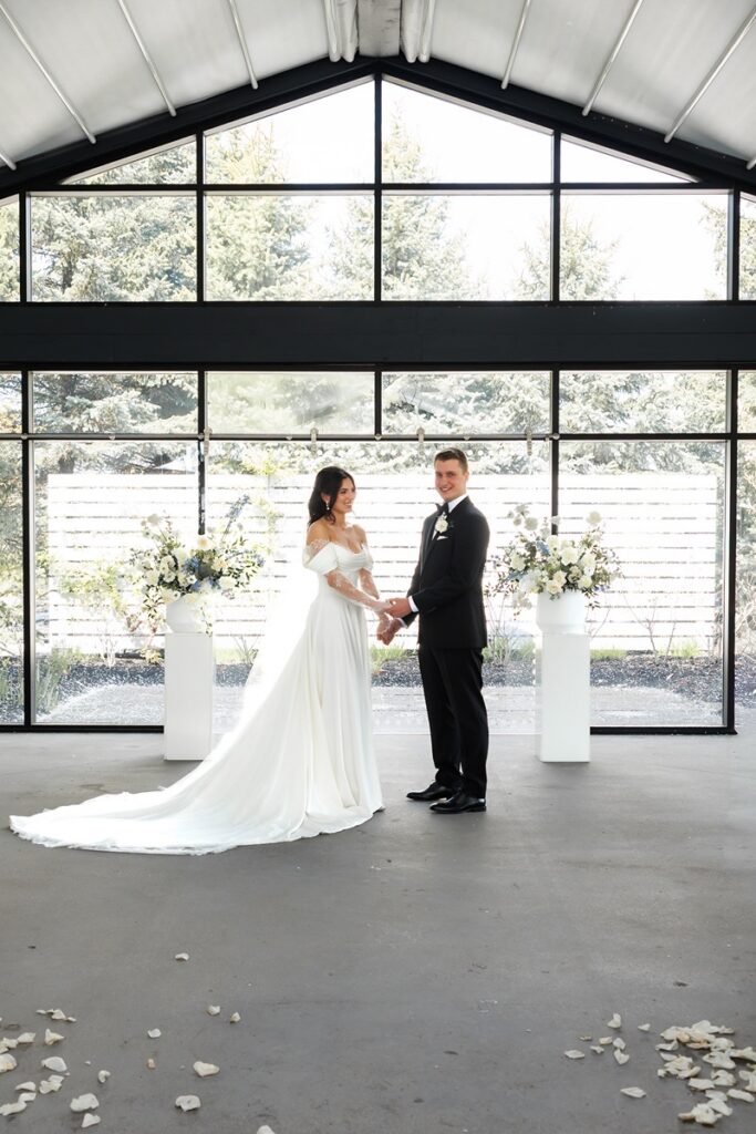 bride and groom in the whistle bear wedding ceremony chapel 